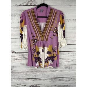 Blank London Blouse Women's Small Purple Floral Embroidered V Neck Tunic Top